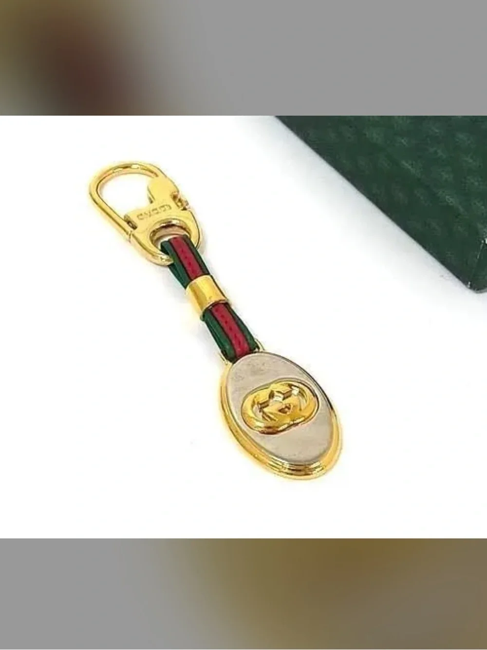 Gucci Gold-Tone Keychain with Green-Red Web Stripe